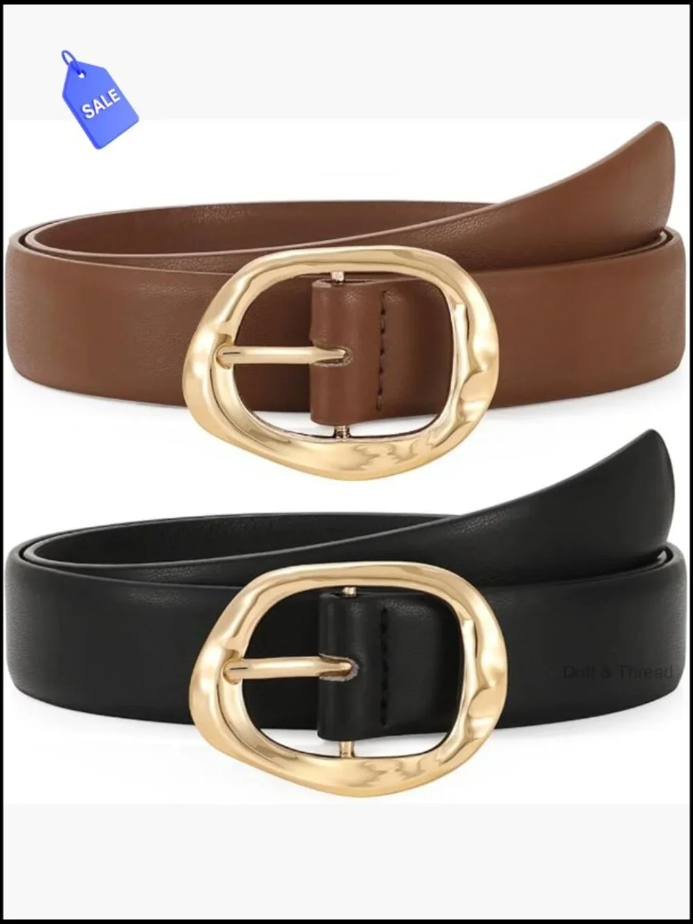 2 Pack Faux Leather Belts with Gold Liquid Buckle - Stretchy Waist Belt for